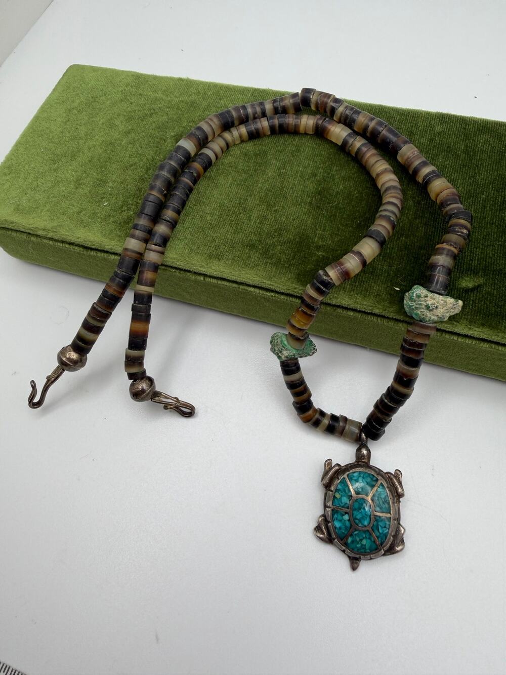 banded shell heishi disc beads silver turtle pendant necklace